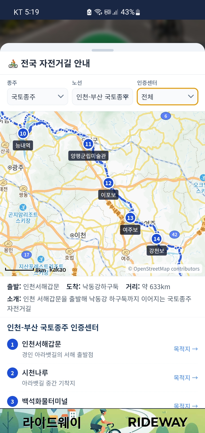 라이드웨이 전국 자전거길 안내 — 종주 노선과 인증센터 지도